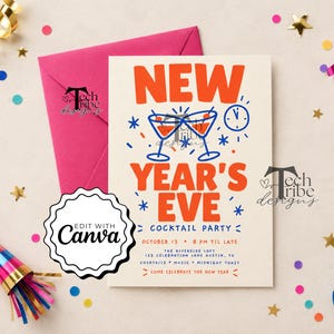 May include: A New Year's Eve cocktail party invitation card with a bright pink envelope. The card features orange text reading NEW YEAR'S EVE, blue cocktail glasses, a clock, and event details including date, time, and location.