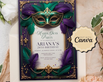 May include: Purple and green Mardi Gras party invitation with a gold ornate frame and a masquerade mask. The text reads "Join us for a Mardi Gras Party in celebration of Ariana's 28th Birthday. Monday, 02 March 202XX, at 8 PM. Hanover and Tyke Restaurant. RSVP Estelle Darcy 123-456-7890. Edit with Canva."