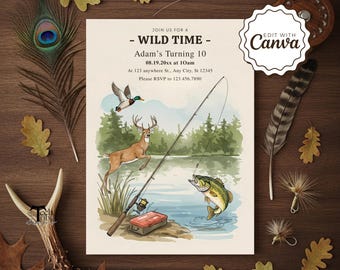 Hunting Birthday Invitation, Deer & Fishing Party Invite, Outdoor Kids Hunt Theme Birthday Invitation, Editable Printable Party Invite Templ