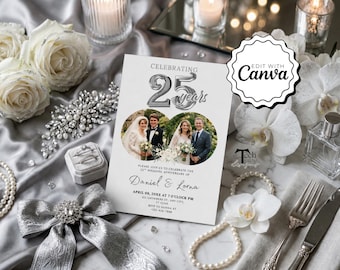 25th Wedding Anniversary Invitation - Elegant Silver Wedding Cards, 25th Anniversary Party Invitations, Modern Printable Design