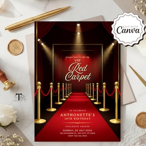 Red Carpet Birthday Invitation, Hollywood Theme Party Invite Red Carpet Invite Template Printable Hollywood Invitation Editable Party Invite