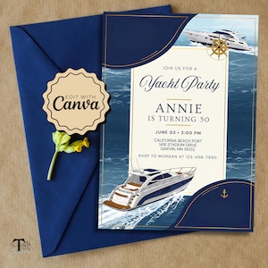 Invitation à une fête sur le yacht imprimable, invitation de bateau sur le thème de la mer, invitation à une fête d'anniversaire pour adultes et enfants, conception d'invitation de célébration nautique