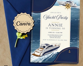 Yacht Party Invite Printable, Marine Themed Boat Invitation, Birthday Party Invite for Adults & Kids, Nautical Celebration Invitation Design