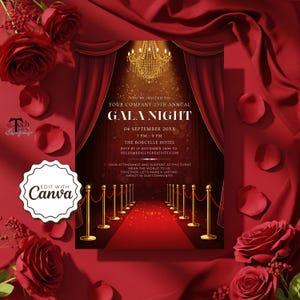 May include: A red and gold gala night invitation with a red carpet design. The invitation includes the text "Your Company 25th Annual Gala Night" and event details. The image is surrounded by red roses and fabric.