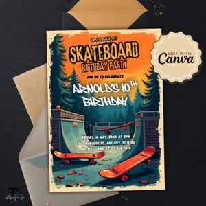 Skateboarding Party Invitation - Printable Skateboard Birthday Invite, Skateboard Themed Party Invitation, DIY Skateboard Invite