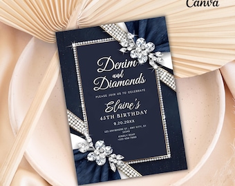 Denim and Diamond Invite | Printable Denim Theme Party Invitation | Birthday Invite with Diamond Accents