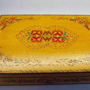 Hand-Painted Vintage Bulgarian Pyrographic Wooden Keepsake Box
