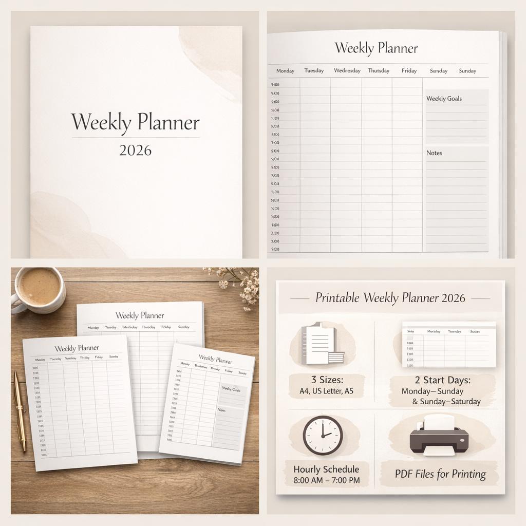 2026 Weekly Planner - Printable Digital Download (A4, US Letter, A5