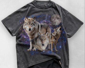 Vintage Wolf Pack T-Shirt – Retro Comfort Colors® Pepper Tee, Wildlife Graphic Shirt, Moon & Forest Wolf Top, Rustic Outdoor Gift