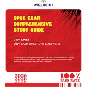May include: A red study guide titled "CPCE Exam Comprehensive Study Guide" with the Wisebirdy logo. The guide includes 230+ pages and 200+ exam questions and answers. The guide promises a 100% pass rate and is designed for AAPC CPC candidates.