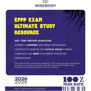 Pode incluir: Um guia de recursos de estudo roxo e azul com o texto "EPPP EXAM ULTIMATE STUDY RESOURCE". O guia inclui informações sobre perguntas de revisão de testes, formato do exame e preparação. O guia também afirma uma taxa de aprovação de 100%.