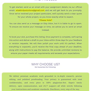 May include: A graphic with the title "THE PROCESS" and "WHY CHOOSE US?" on a white background. The text details the ordering process and guarantees, including academic work, privacy, and timely delivery.