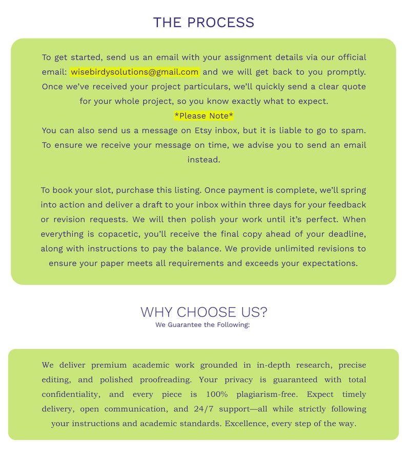 May include: A graphic with the title "THE PROCESS" and "WHY CHOOSE US?" on a white background. The text details the ordering process and guarantees, including academic work, privacy, and timely delivery.