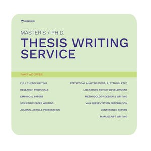 May include: A light green and white graphic advertising a "THESIS WRITING SERVICE" for Master's and PhD students. Services listed include full thesis writing, research proposals, and statistical analysis.