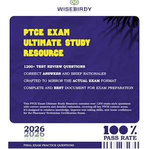 Puede incluir: Un documento de recursos de estudio púrpura y azul para el examen PTCE. El documento incluye el texto "PTCE EXAM ULTIMATE STUDY RESOURCE" y "1200+ TEST REVIEW QUESTIONS". También indica una tasa de aprobación del 100%.