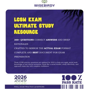 Puede incluir: Un gráfico morado y azul con el texto "LCSW EXAM ULTIMATE STUDY RESOURCE". La imagen incluye el logotipo de Wisebirdy y detalles sobre el recurso de estudio, incluyendo más de 300 preguntas y un 100% de tasa de aprobación.