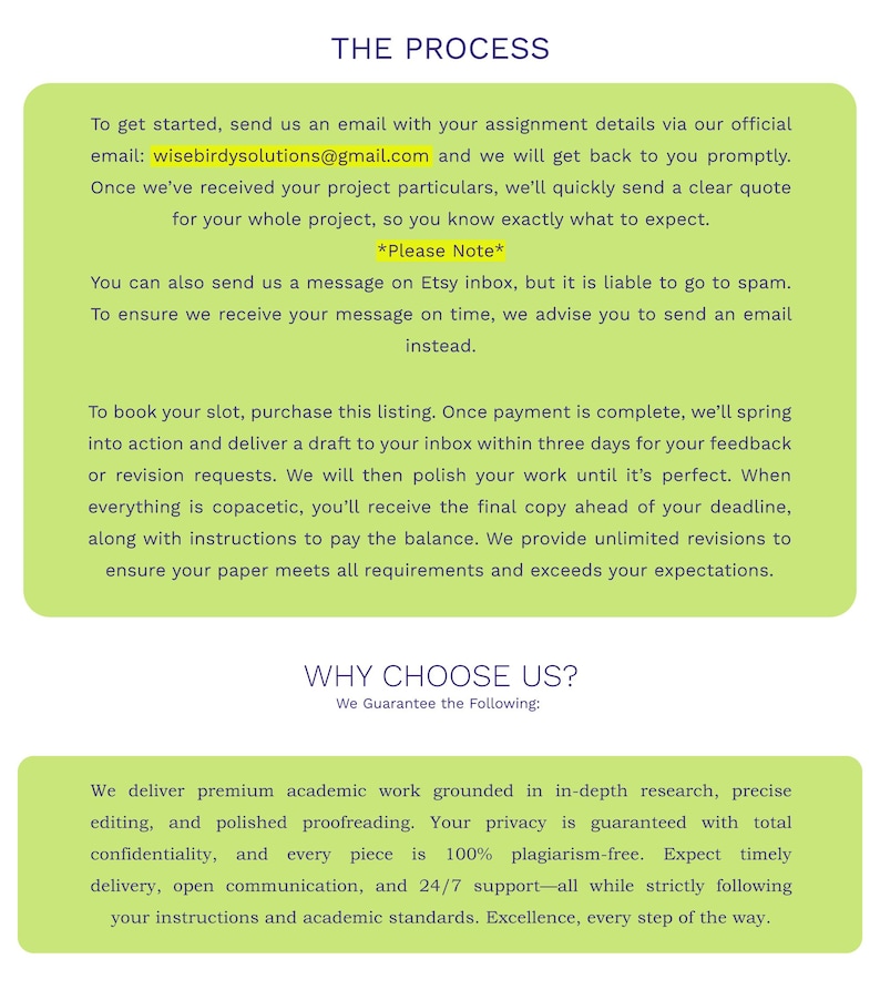 May include: A graphic with the title "THE PROCESS" and "WHY CHOOSE US?" on a white background. The text details the ordering process and guarantees, including academic work, privacy, and timely delivery.