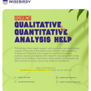 Könnte beinhalten: Eine grün-weiße Werbung für Wisebirdy Writing Solutions. Der Text lautet „URGENT QUALITATIVE & QUANTITATIVE ANALYSIS HELP“. Die Anzeige verspricht fachkundige Unterstützung für akademisches Schreiben und Formatieren.