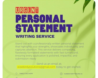 May include: A green and white advertisement for Wisebirdy's personal statement writing service. The text reads "URGENT PERSONAL STATEMENT WRITING SERVICE" in bold, with contact information and service highlights.