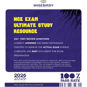 Puede incluir: Un gráfico azul y morado con texto para el NCE Exam Ultimate Study Resource. El texto incluye "400+ preguntas de revisión", "Respuestas correctas" y "100% de tasa de aprobación". El documento es para la preparación del examen.