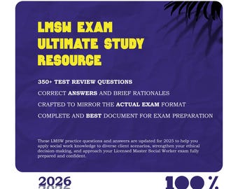 May include: A purple and blue graphic with the text "LMSW EXAM ULTIMATE STUDY RESOURCE." It includes information about test review questions, answers, and exam preparation. The image also states a 100% pass rate.