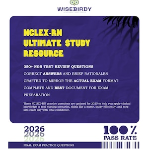 Op de afbeelding: Een marineblauwe afbeelding met de tekst "NCLEX-RN ULTIMATE STUDY RESOURCE" en "WISEBIRDY ACADEMIC SOLUTIONS" bovenaan. De afbeelding bevat informatie over examenvoorbereiding, oefenvragen en een slagingspercentage van 100%.