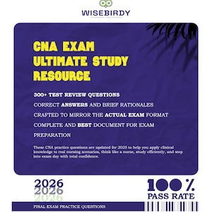Può includere: Una guida allo studio viola e blu con il testo "CNA EXAM ULTIMATE STUDY RESOURCE" in giallo. La guida include informazioni sulle domande di revisione del test, il formato dell'esame e la preparazione. Indica anche "100% PASS RATE".