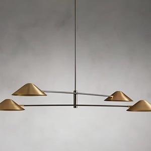 Mid Century Modern Chandelier | 4 Light Brass Linear Pendant | Italian Style Cone Ceiling Fixture | Modern Dining Room Lighting