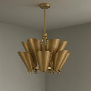Mid-Century Modern Brass Chandelier 12 Light Curved Shades Pendant Sputnik Brass Ceiling light Fixture