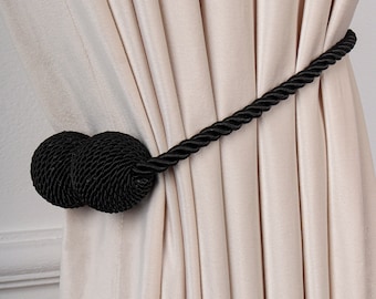 Black Magnetic Curtain Tiebacks | Pack of 2, Modern Black Polyester Ties, Easy Drapery Holdbacks for Living Room, Bedroom and Window Decor