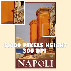 Op de afbeelding: Vintage reisposter met een kleurrijke illustratie van een stadsbeeld met oranje gebouwen en de tekst "NAPOLI" op een rode banner. De poster is 5.000 pixels hoog en 300 DPI.