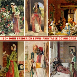 May include: A collection of printable art prints featuring paintings by John Frederick Lewis. The prints depict scenes of people in various settings, including a woman in a garden, a woman in a doorway, and a group of people in a room. The prints are perfect for adding a touch of history and culture to your home decor.