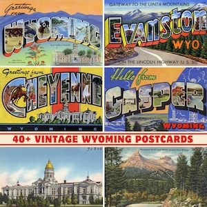 Plus de 40 cartes de voeux et cartes postales vintage de l'État du Wyoming | 300 ppp imprimable | Ensemble d'impression numérique |  Sites et paysages du Wyoming