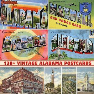 Collezione di oltre 130 cartoline e biglietti d'auguri vintage dello Stato dell'Alabama / Stampabile a 300 DPI / Set di stampe digitali / Monumenti e paesaggi dell'Alabama