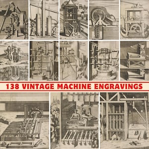 Può includere: Una collezione di 138 incisioni vintage di macchine, che presentano illustrazioni dettagliate di vari dispositivi e meccanismi meccanici. Le incisioni sono in bianco e nero e raffigurano una varietà di macchinari, tra cui ruote idrauliche, ingranaggi e altri meccanismi intricati.