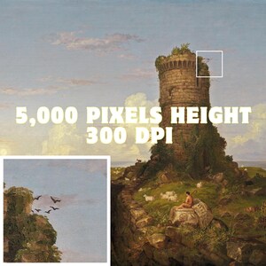 May include: A painting of a stone tower with a green roof, surrounded by trees and a grassy field. The tower is partially ruined, with a section of the wall missing. There are sheep grazing in the field, and a person sitting on a stone in the foreground. The text "5,000 PIXELS HEIGHT 300 DPI" is printed on the image.