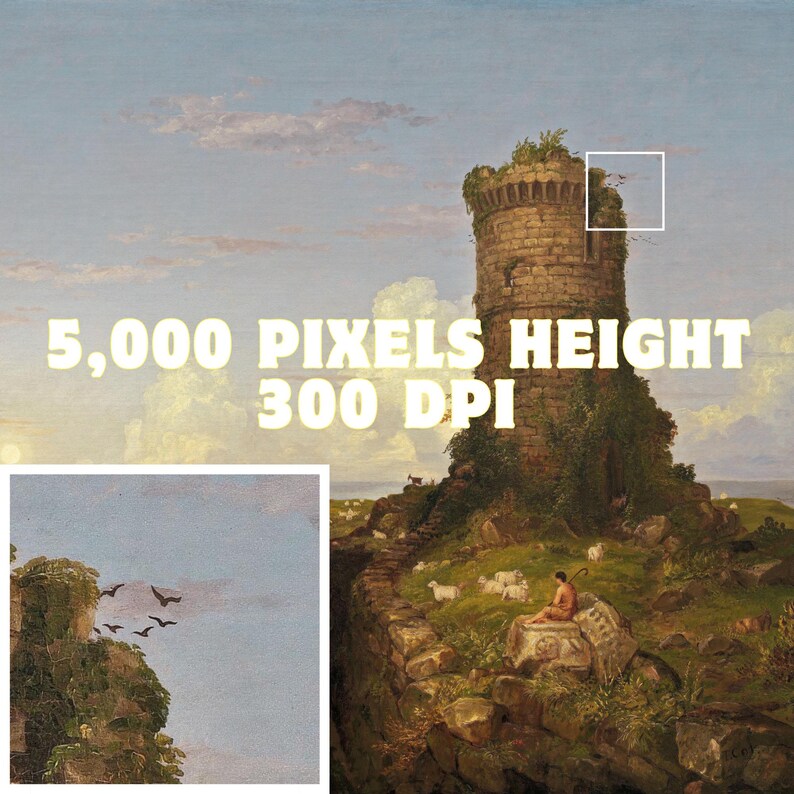 May include: A painting of a stone tower with a green roof, surrounded by trees and a grassy field. The tower is partially ruined, with a section of the wall missing. There are sheep grazing in the field, and a person sitting on a stone in the foreground. The text "5,000 PIXELS HEIGHT 300 DPI" is printed on the image.