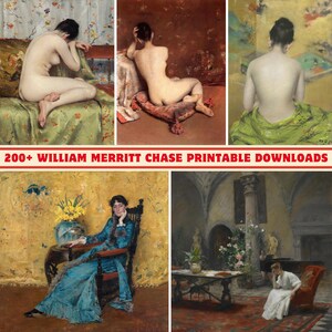 Könnte beinhalten: Eine Sammlung von vier Gemälden von William Merritt Chase, die eine Frau in verschiedenen Posen und Umgebungen zeigen. Die Gemälde sind im realistischen Stil gehalten und zeigen die Schönheit der menschlichen Form.