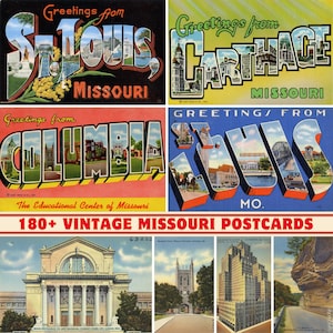 Collezione di oltre 180 cartoline e biglietti d'auguri vintage dello Stato del Missouri / Stampabili a 300 DPI / Set di stampe digitali / Monumenti e paesaggi del Missouri
