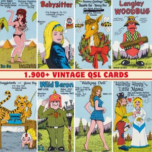 Collectie vintage QSL-kaarten: 1900+: hoogwaardige | 300 dpi afdrukbaar | Vintage tekenfilmkunst | Retrotekeningen | QSL-kaarten grappige tekenfilms