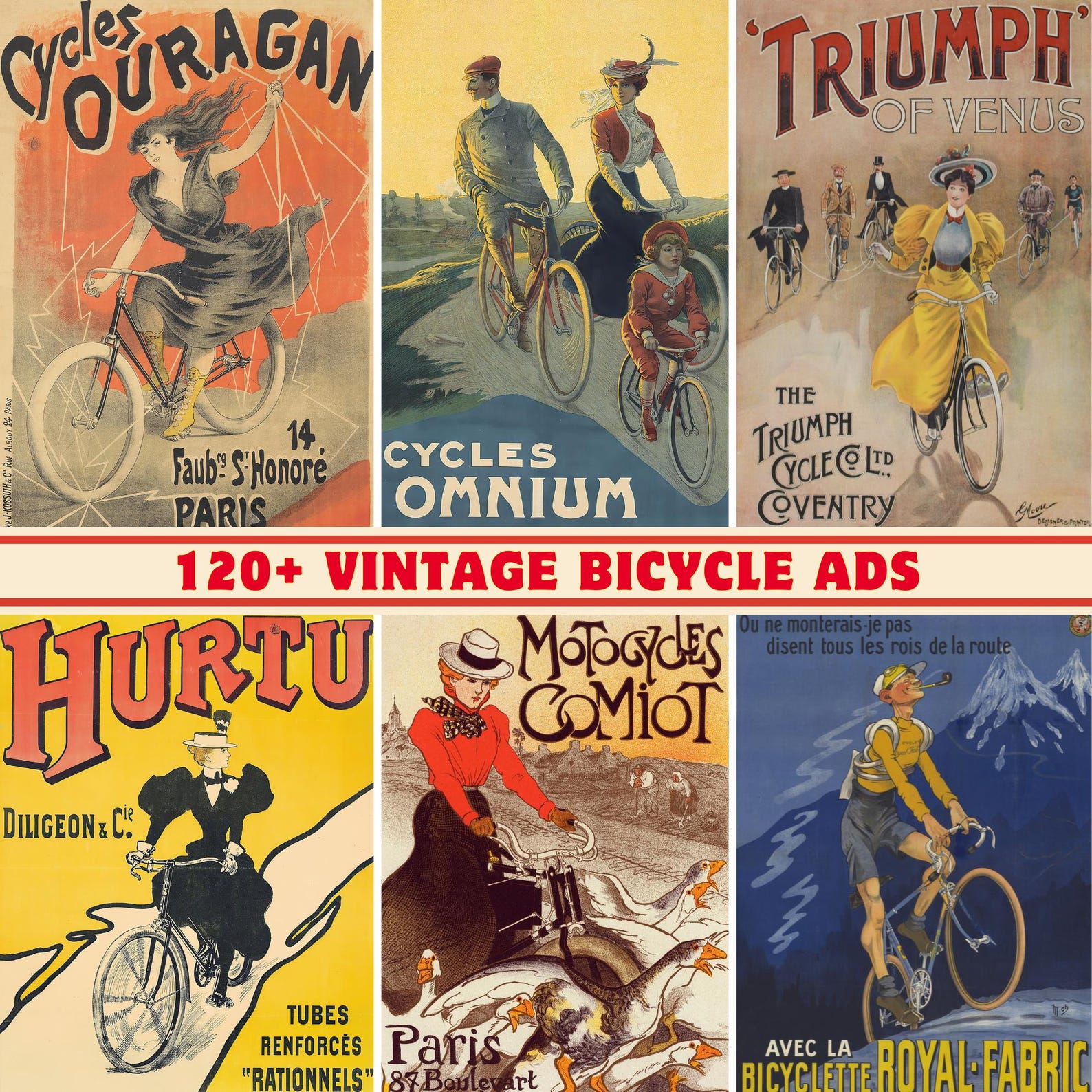 Vintage Bicycle Ad Collection: 120+ Retro Cycling Posters (300 DPI ...