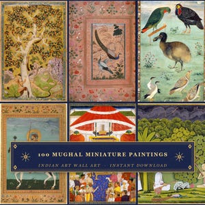 Op de afbeelding: Een digitale collectie van 100 Mogol-miniatuurschilderijen met diverse scènes van vogels, dieren in het wild, landschappen en figuren. De centrale banner toont de tekst 100 MUGHAL MINIATURE PAINTINGS INDIAN ART WALL ART INSTANT DOWNLOAD.