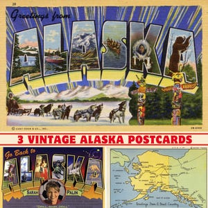 3 cartes de voeux et cartes postales vintage d'état de l'Alaska | 300 ppp imprimable | Ensemble d'impression numérique | Sites et paysages de l'Alaska