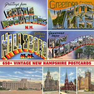 Collezione di oltre 650 cartoline e biglietti d'auguri d'epoca dello Stato del New Hampshire/Stampabili a 300 DPI/Set di stampe digitali/Luoghi di interesse e paesaggi del New Hampshire