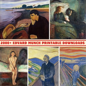 Könnte beinhalten: Eine Sammlung von Gemälden von Edvard Munch, darunter "Der Schrei" und andere Werke. Das Bild zeigt eine Vielzahl von Szenen mit Figuren in verschiedenen Umgebungen, mit dem Text "2000+ EDVARD MUNCH PRINTABLE DOWNLOADS" in Rot.