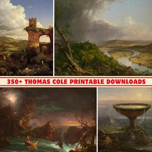 May include: A collection of four paintings by Thomas Cole, depicting various landscapes. The first painting shows a ruined structure with a tower, the second shows a river winding through a valley, the third shows a dark, stormy scene with a boat on a lake, and the fourth shows a large, circular structure with a waterfall.
