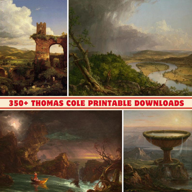 May include: A collection of four paintings by Thomas Cole, depicting various landscapes. The first painting shows a ruined structure with a tower, the second shows a river winding through a valley, the third shows a dark, stormy scene with a boat on a lake, and the fourth shows a large, circular structure with a waterfall.