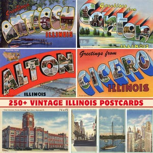 Collezione di oltre 250 cartoline e biglietti d'auguri d'epoca dello Stato dell'Illinois / Stampabili a 300 DPI / Set di stampe digitali / Monumenti e paesaggi dell'Illinois