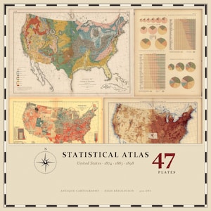 Pode incluir: Uma coleção de mapas antigos e gráficos estatísticos do atlas estatístico dos Estados Unidos, com dados geológicos e demográficos. A impressão inclui uma rosa dos ventos, o texto STATISTICAL ATLAS e 47 PLATES.