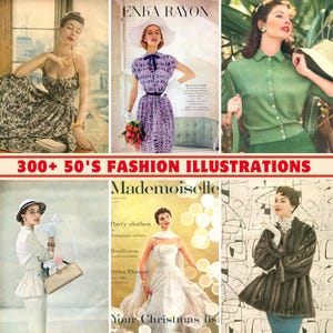 300点以上の50年代ファッションイラストコレクション：高品質｜300DPI印刷可能｜ヴィンテージの美しい女性ポスター｜レトロファッション雑誌